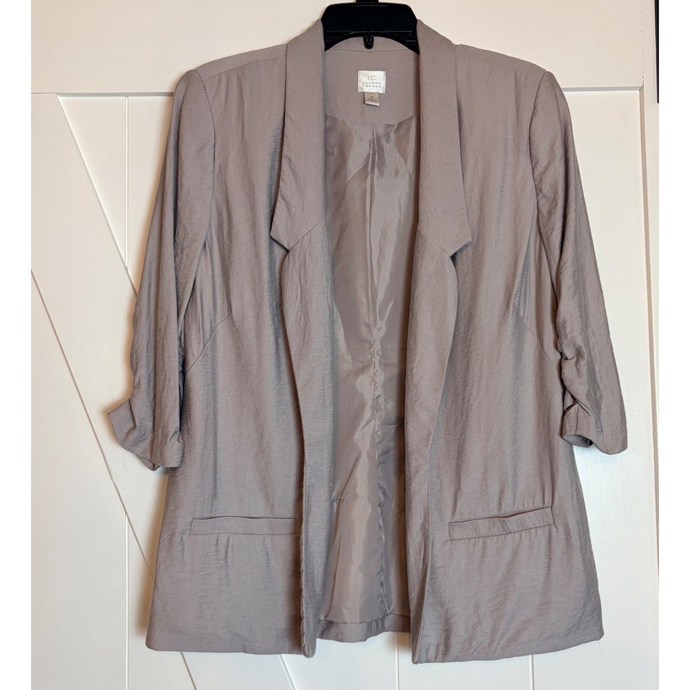 LC Lauren Conrad Gray Ruched 3/4 Sleeve Open Front Blazer Size 10 Fall Neutral